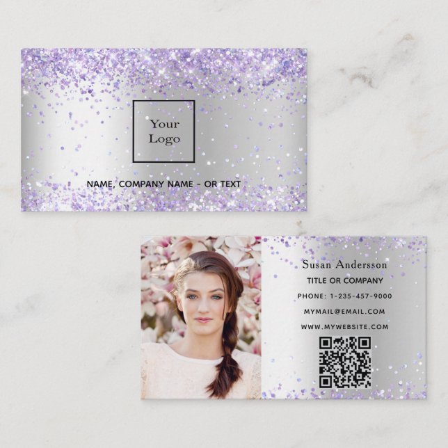 Tarjeta De Visita Foto de lavanda plateada Salón de belleza con códi (Anverso / Reverso)