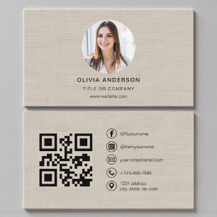 Tarjeta De Visita Foto de lino beige con código QR de redes sociales