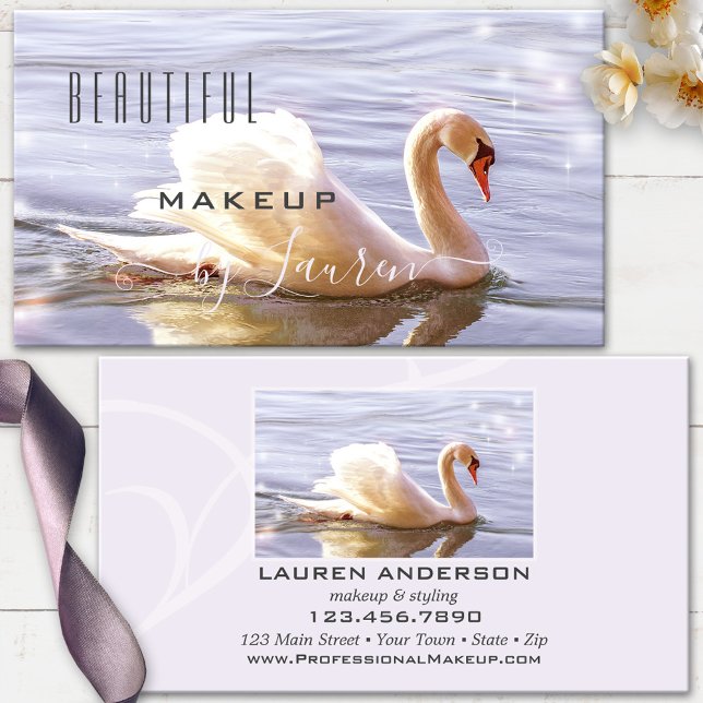 Tarjeta De Visita Foto de maquillaje de Swan de belleza profesional (Business card featuring a beautiful swan in sparkling water - beautician, makeup artist, stylist)