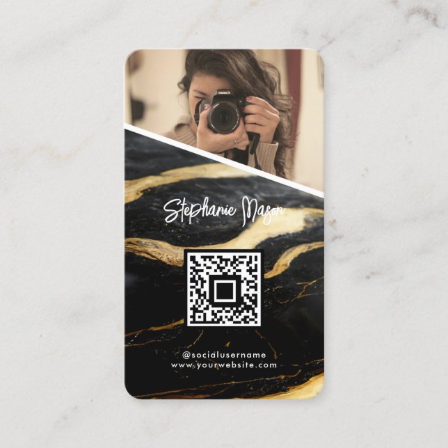 Tarjeta De Visita Foto de Mármol de oro negro Código QR Fotografía m (Anverso)