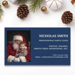 Tarjeta De Visita Foto de Papá Noel azul profesional