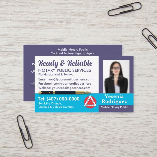 Tarjeta De Visita Foto de Personalizable público de notario móvil (Anverso/Reverso In Situ)