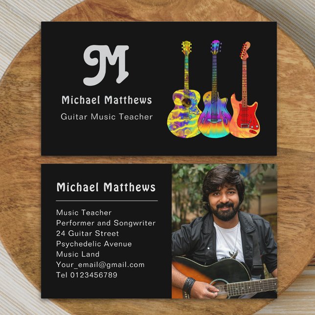 Tarjeta De Visita Foto de Personalizado de profesor de música de gui (Modern retro guitar music teacher professional musician photo business card)