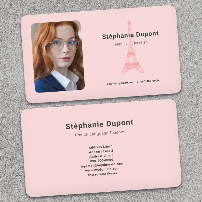 Tarjeta De Visita Foto de personalizado - Rosa de profesor francés (French Teacher Pink Business Card)