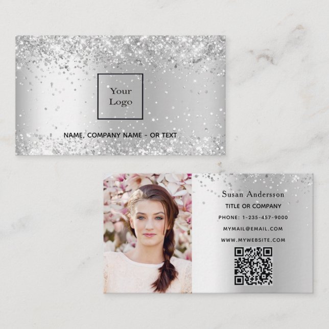 Tarjeta De Visita Foto de plata salón de belleza de código QR (Anverso / Reverso)
