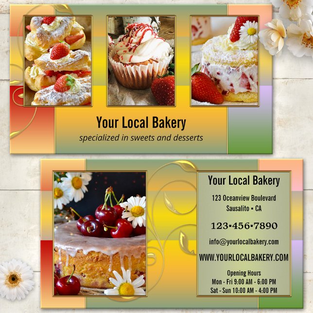 Tarjeta De Visita Foto de postre de panadería dulce colorida (Bakery photo business card featuring sweet cakes and desserts framed by an artistic colorful design)