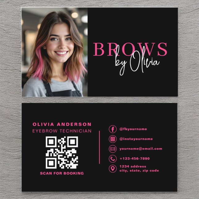 Tarjeta De Visita Foto de QR Code Eyebrows Artista Hot Pink Black (Subido por el creador)