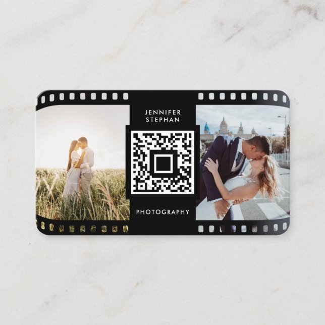 Tarjeta De Visita Foto de QR Code Photographer Rolling Black White (Anverso)