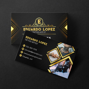 Tarjeta De Visita Foto de Salón de Artista de Tatuajes Elegante Negr