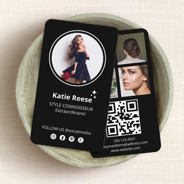 Tarjeta De Visita Foto de Social Media Black (Instagram social media networking 4 photo  business card with QR Code)