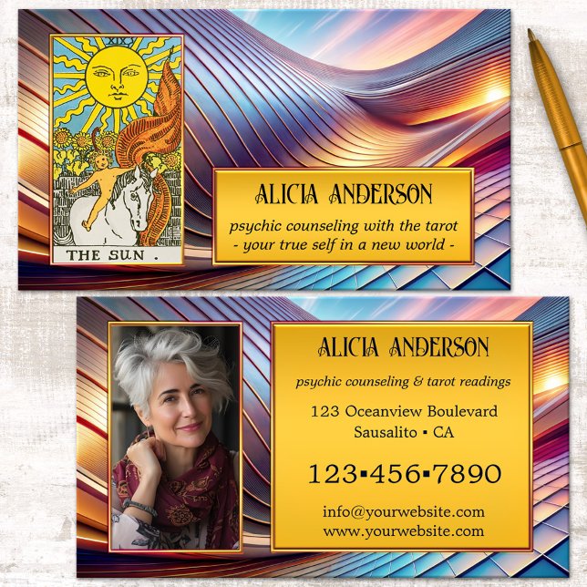 Tarjeta De Visita Foto de Tarot, Visionario Psiquiátrico Espiritual (Tarot business card featuring a colorful visionary abstract metallic design with your custom photos)