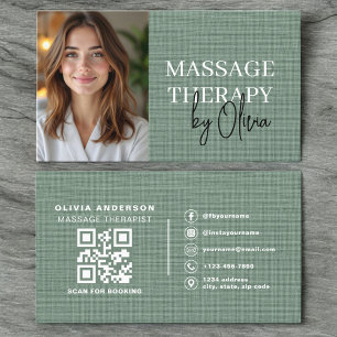 Tarjeta De Visita Foto de Terapeuta de Masaje Verde Salvia de Lino