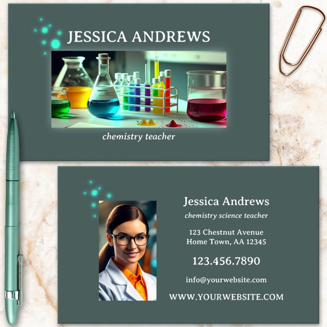 Tarjeta De Visita Foto de Tutor del profesor de ciencias de química (Chemist, chemistry teacher or tutor business card with custom photo)