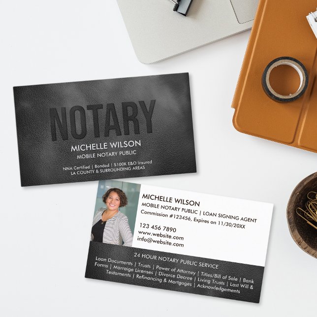 Tarjeta De Visita Foto del agente de firma del préstamo público nota (black  leather with embossed "notary" text business card)