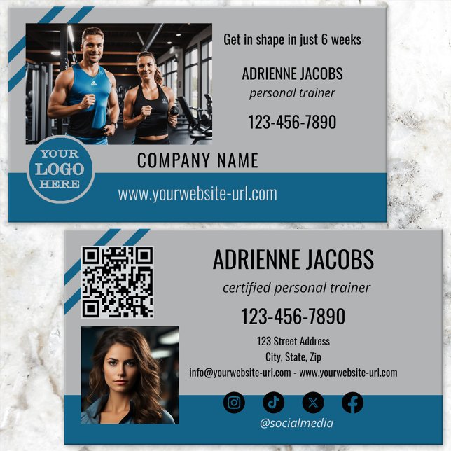 Tarjeta De Visita Foto del entrenador de fitness personal gris verde (Business card featuring your photo and logo on a teal grey design with QR code and social media)