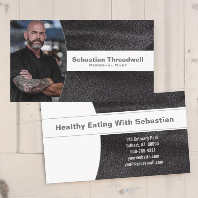 Tarjeta De Visita Foto del Personalizado de cuero negro del chef per (business card front and back)