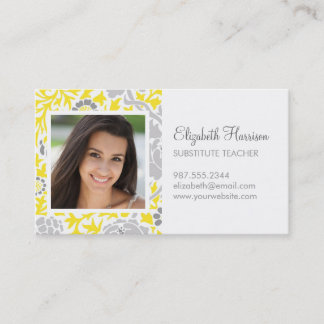 Tarjeta De Visita Foto del Personalizado de Damasco floral gris y am