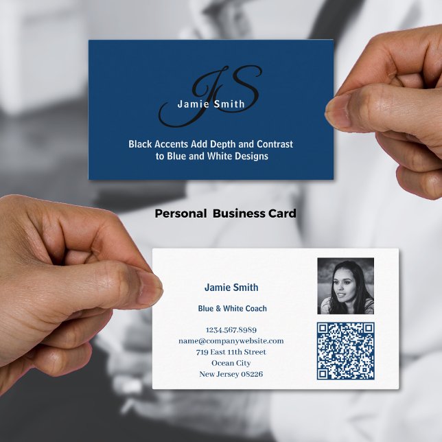 Tarjeta De Visita Foto e inicio Personal azul y blanco (Photo & Initials Blue and White Personal Business Card, QR code)