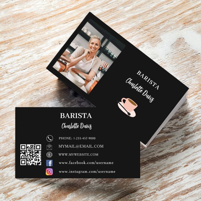 Tarjeta De Visita Foto en blanco negro de Barista código QR (Subido por el creador)
