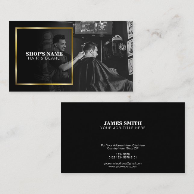 Tarjeta De Visita Foto en blanco y negro | Marco dorado (Anverso / Reverso)