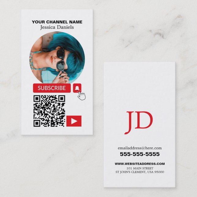 Tarjeta De Visita Foto en círculo y código QR, Youtube - Vlogger (Anverso / Reverso)