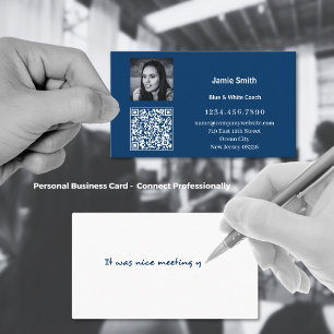 Tarjeta De Visita Foto escaneable Código QR Mensaje personal Azul