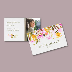 Tarjeta De Visita Foto floral acuarela rosa elegante personalizada