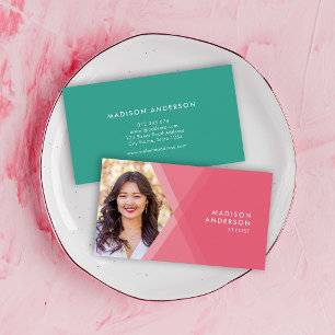 Tarjeta De Visita Foto geométrica moderna en capas rosa y Verde azul