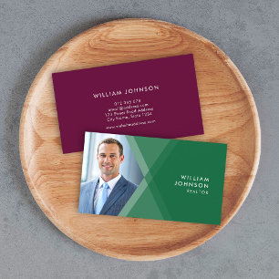 Tarjeta De Visita Foto geométrica moderna en capas verdes y púrpur