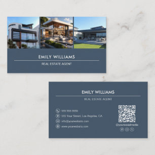 Tarjeta De Visita Foto inmobiliaria QR Medios sociales Azul