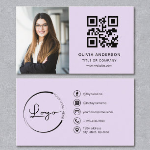 Tarjeta De Visita Foto Lilac púrpura Código QR blanco Medios sociale