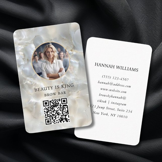 Tarjeta De Visita Foto, Mármol, plata blanca, salón, código QR (Photo, Marble, White-Silver, Salon, QR-Code Business Card)