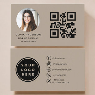 Tarjeta De Visita Foto marrón mocha con código QR en redes sociales
