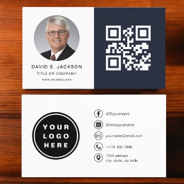 Tarjeta De Visita Foto Minimalista azul de la Marina Código QR Medio