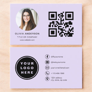 Tarjeta De Visita Foto Minimalista morada de Lavender con código QR