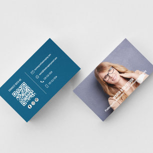Tarjeta De Visita Foto moderna Código QR azul simple Medios sociales