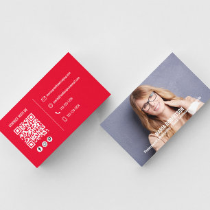 Tarjeta De Visita Foto moderna Código QR rojo simple Medios sociales