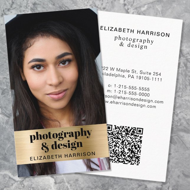 Tarjeta De Visita Foto moderna con código QR Gold (Input your website address to create a scannable QR code)