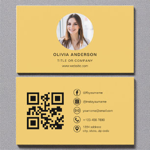 Tarjeta De Visita Foto moderna de color amarillo con código QR en me