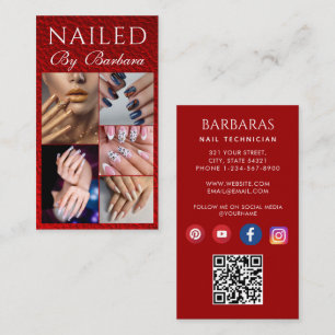 Tarjeta De Visita Foto moderna de uñas de artista técnico rojo QR fe