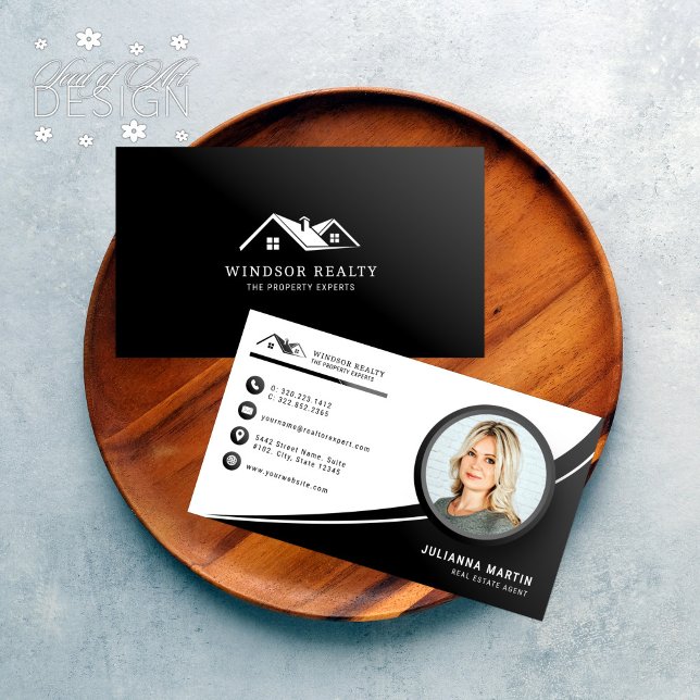 Tarjeta De Visita Foto moderna del agente inmobiliario blanco y negr (Subido por el creador)