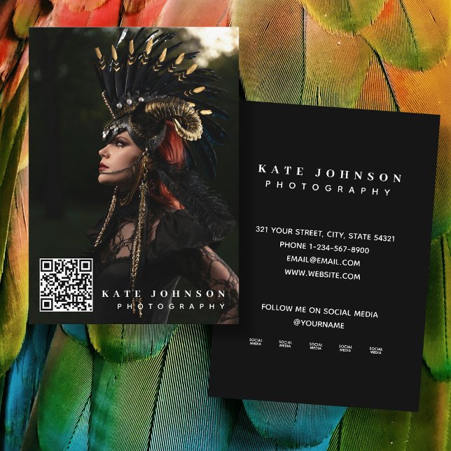 Tarjeta De Visita Foto moderna Personalizado de código QR Iconos de  (Modern Photo QR Code Custom Social Media Icons Business Card)