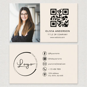 Tarjeta De Visita Foto Neutral Beige Taupe Código QR Medios Sociales