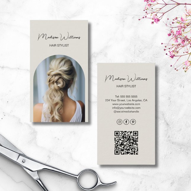 Tarjeta De Visita Foto Neutral de arco moderno con estilo de pelo (Hair Stylist Modern Arch Photo Neutral Business Card)