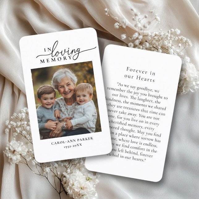 Tarjeta De Visita Foto: Oración conmemorativa del funeral (Personalized "In loving memory" Photo Funeral Memorial Prayer Card.)