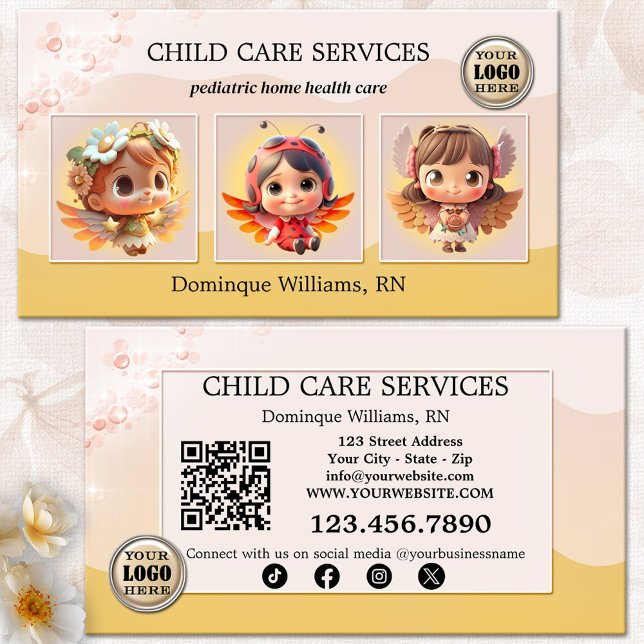 Tarjeta De Visita Foto pediátrica para enfermera de cuidado infantil (Business card for child care services with cute kids angels or your photos - QR code - social media)