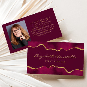 Tarjeta De Visita Foto personalizada burgundy acuarela pan de oro lu