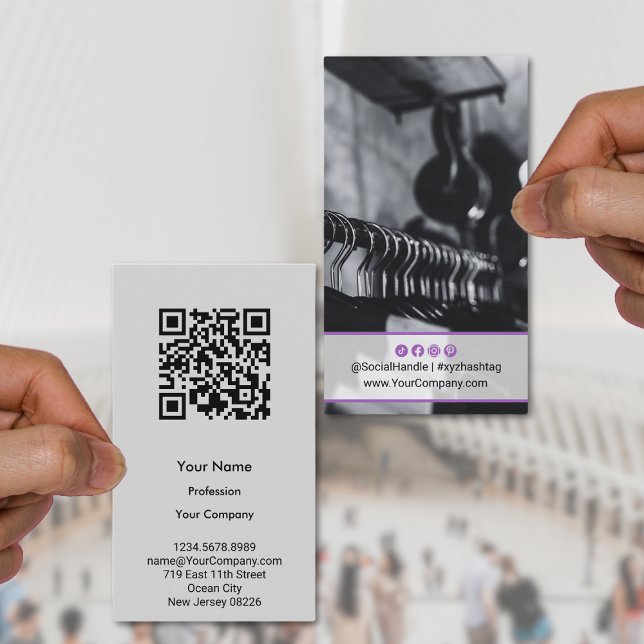 Tarjeta De Visita Foto personalizado Acentos púrpura Retrato Gris (Custom Photo Purple Accents Gray Portrait Business Card)