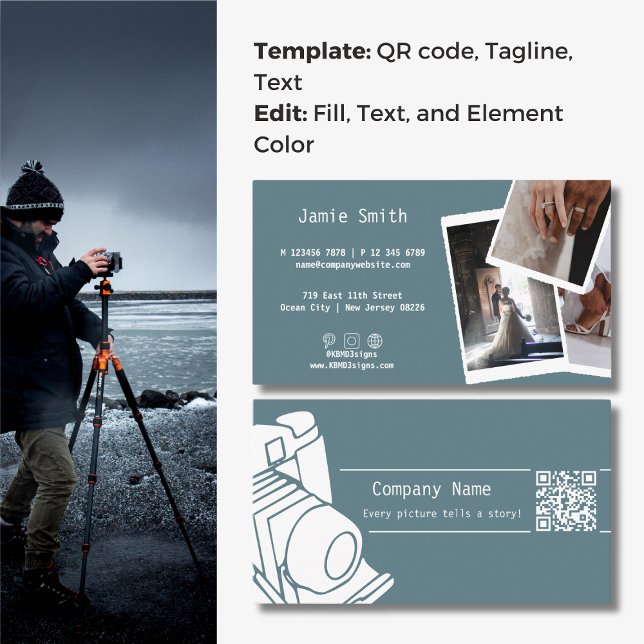 Tarjeta De Visita Foto personalizado Código QR Fotografía de carrera (Custom Photo QR code Career Photography Gray Blue Business Card, Photo Symbol, Tagline)