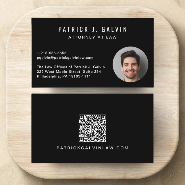 Tarjeta De Visita Foto profesional Código QR Negro (Make a lasting impression with this modern business card featuring your photo and scannable QR code)